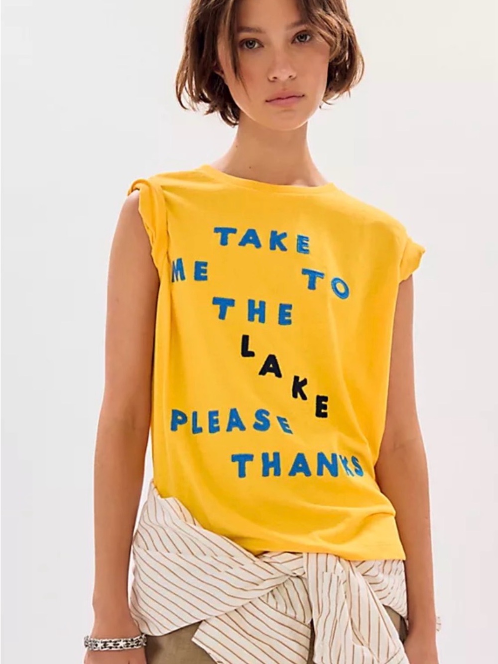 MOTHER sold out online Yellow Graphic Tank with Blue & Black Text